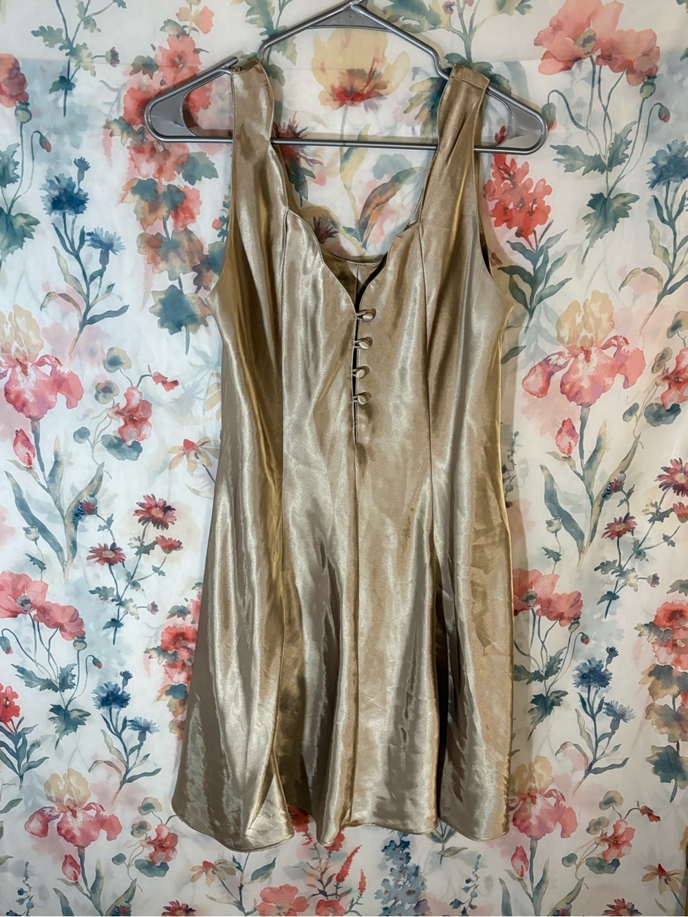 Vintage Shimmery Gold Satin Dress with Front Button Detail